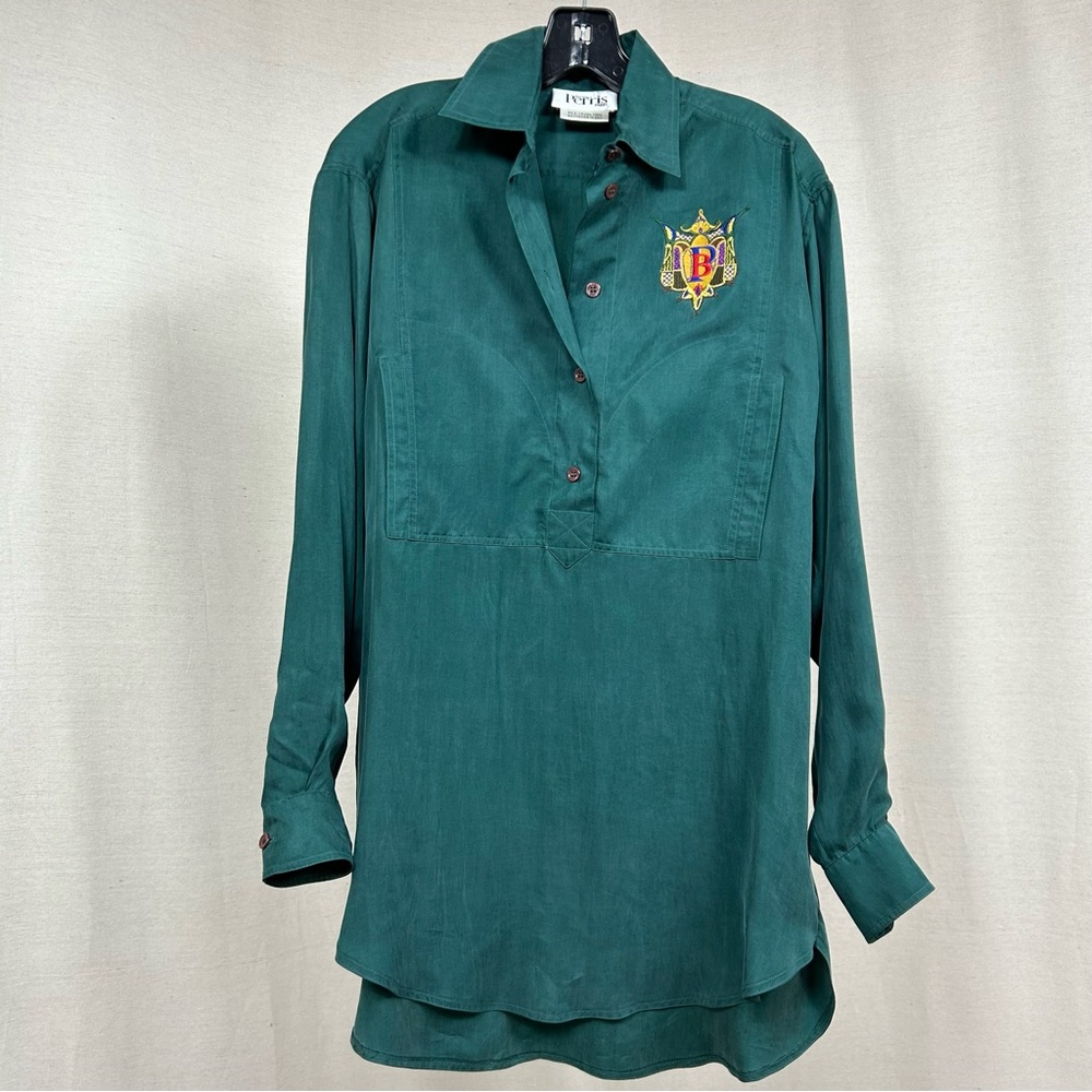 Bernard Perris Paris Vintage 100% Silk Women’s  Embroidered Logo Collared Blouse